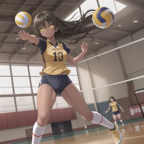 A breathtakingly beautiful 20-year-old woman soars into the air on a volleyball court inside a brightly lit gymnasium, preparing to spike the ball with precision and power. Her athletic form is accentuated by a sleek, form-fitting uniform, and her intense ...