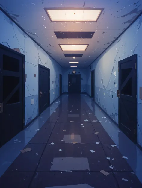 masterpiece,  abandoned school , corridor, plastic and glass doors, boarded up with boards, doors are boarded up with brown boards, Wall clock, Abandonment, ruin, glossy floor tiles 
