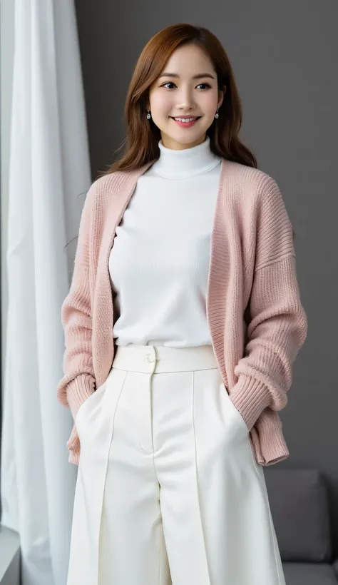 an office lady, standing by the window, using a pink knit jacket with a long sleeve t-shirt with a white turtle neck model, Use a long oversize skirt to the toe maxi model of white color, big , beautiful smile