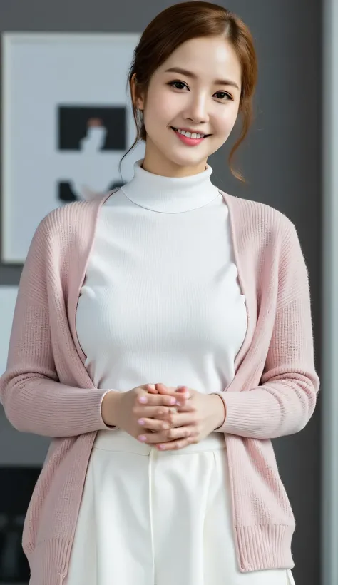 an office lady, standing by the window, using a pink knit jacket with a long sleeve t-shirt with a white turtle neck model, Use a long oversize skirt to the toe maxi model of white color, big , beautiful smile