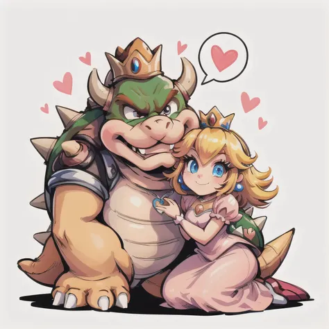 Bowser looking at viewer confidently, Princess Peach kneeling smiling with joy, looking up at Bowser with love, Simple white background, heroic atmosphere:1.3, spoken heart