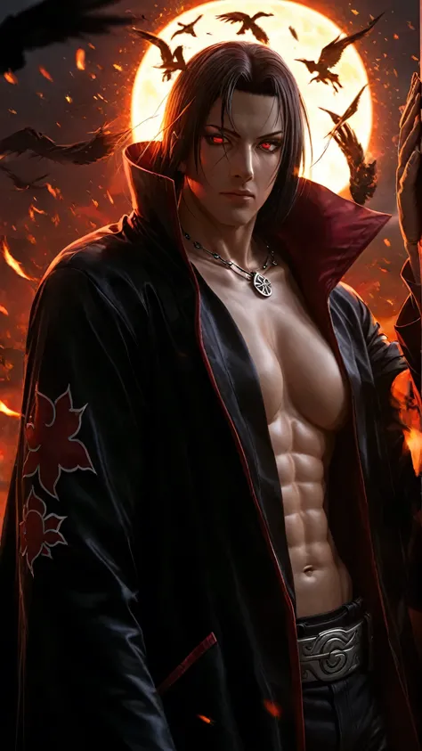 a man with a black cape (akatsuki symbol), as a character in Tekken , anime rudo 8K, Itachi Uchiha, fighting game character, epic anime style, anime character breasts, Itachi detailed, anime character breasts art, an epic full body art anime