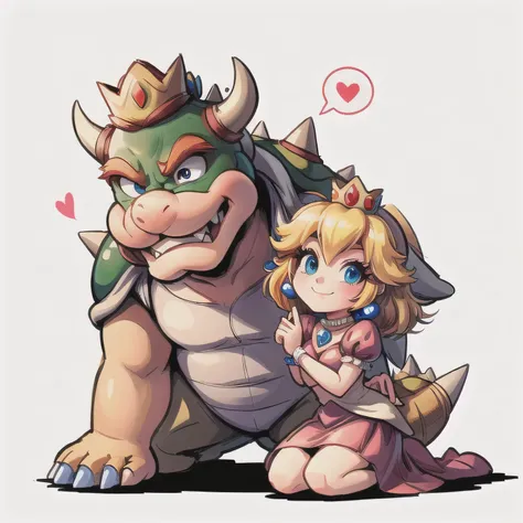 Bowser looking at viewer confidently, Princess Peach kneeling smiling with joy, looking up at Bowser with love, Simple white background, heroic atmosphere:1.3, spoken heart