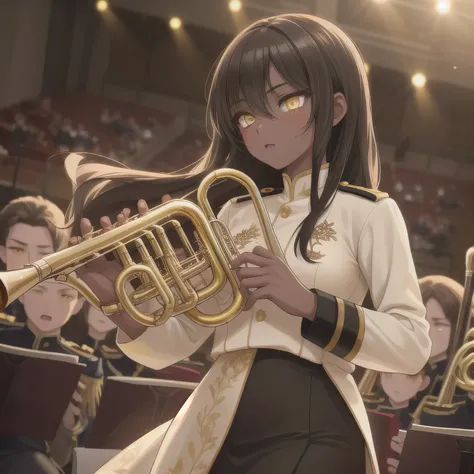 Depict a 20-year-old, dazzlingly beautiful woman playing a brass instrument in a grand concert hall. She wears an elegant yet practical band uniform, designed with intricate gold embroidery. Her posture is poised, fingers positioned with precision, her eye...