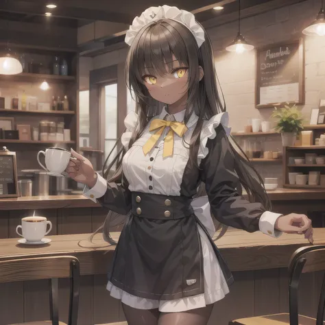 A girl is working as a waitress in a cozy cafe. She's wearing a classic maid outfit. The air feels warm and calm, and it's like you can almost smell the coffee through the picture. Dark Hair, Black Skin, Brown Skin Female, Long Hair, (Yellow Eyes:1.5).