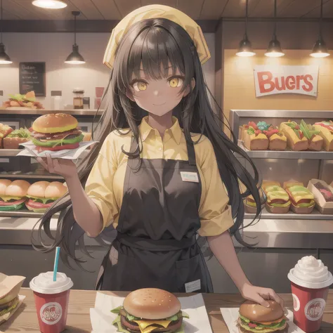 She is a cheerful girl working behind the counter at a cozy burger shop. She is wearing a cute burger shop uniform and smiling warmly at the customers. The background shows a bright and clean fast food counter with menu boards. Dark Hair, Black Skin, Brown...