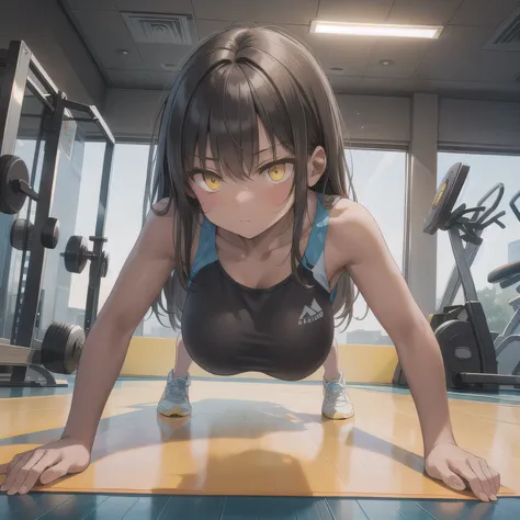 A person doing a plank exercise on a mat in a fitness gym, minimal equipment, bright interior.  Dark Hair, Black Skin, Brown Skin Female, Long Hair, (Yellow Eyes:1.5).