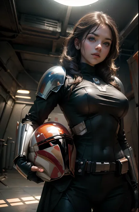 star wars world ,female mandalorian , ,holding helmet in right hand,I can see faces ,Vesker Armor ,Slimming, slender, ,