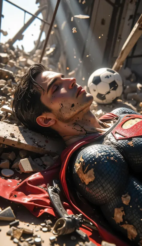 A hyper-realistic, ultra-detailed 8K cinematic close-up of Superman lying unconscious inside a ruined, abandoned building during the day. The scene captures his battle-damaged state — his iconic suit is scorched and torn in multiple places, his chest emble...