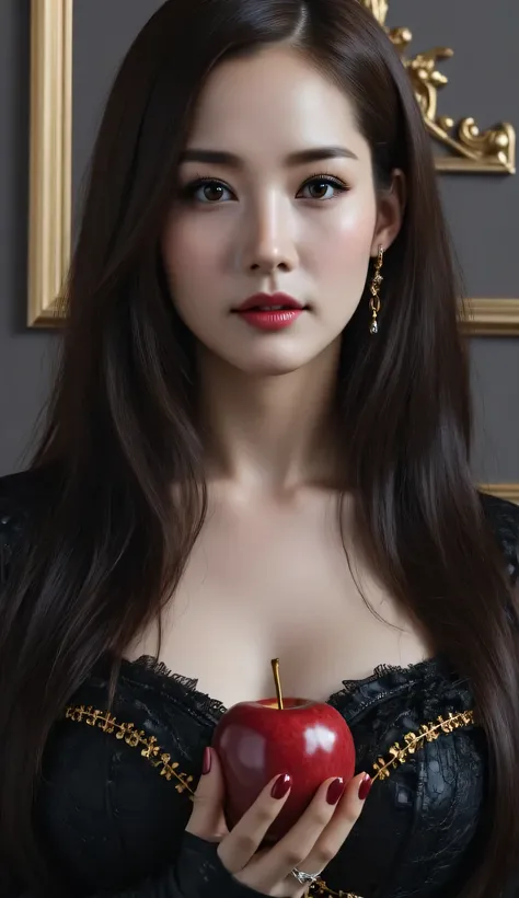 Girl,Black long hair,Black Queen,accessories,Apple in hand,Poison apples,Witch Queen,Red lipstick