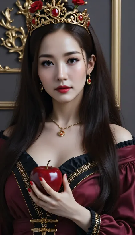 Girl,Black long hair,Black Queen,accessories,Apple in hand,Poison apples,Witch Queen,Red lipstick