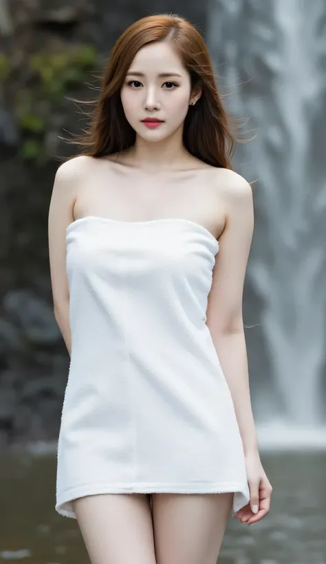 Beautiful Girl, Korean makeup, Red lips, big breasts, medium body, wrap a towel, body towel wrap, white towel, thigh, Look at the viewer, stand, pose standing, lakes, stood giữa high, (((cảnh quang hồ nước giữa rừng, waterfall,)))