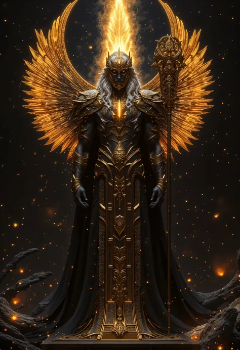 "A godly male figure standing tall in a cosmic battlefield, embodying divine masculinity and celestial power. His body is sculpted like living marble, veins glowing with flowing stardust. His long silver-black hair flows like dark matter, eyes burning like...