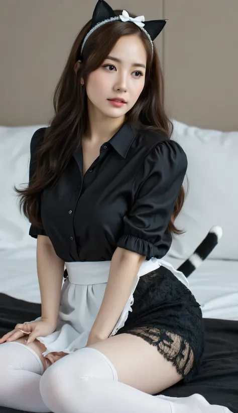 a woman, sleep on your stomach on a mattress, shirt looks full body, body facing front, lip biting condom, using a black waitress shirt with a long frilly apron of white color, black lace skirt, long stockings of white color, big size G-cup, thick hair of...