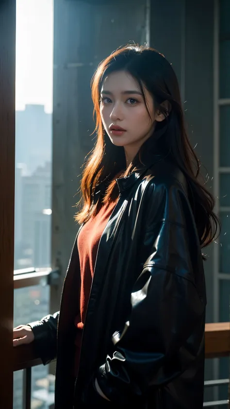 Abstract colors, texture, film grain, skin pores: 0. A complex and dramatic portrait, depicts a beautiful sci-fi scientist, futurist scene, blown by the wind, standing on a balcony overlooking a futuristic (solarpunk) scene 1. Cities, foggy morning, fallin...