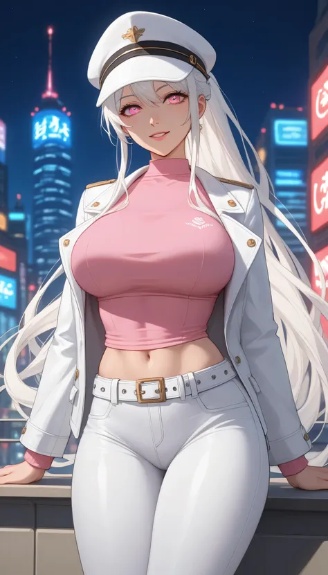 score_9, score_8, score_7, score_6, source _ anime, 1 Mature_, female, Angel Thrass, alone , Cheerful Mirafa, white hair, Long Ponytail Hair, pink eye, white hat, Tight Pink Shirt, White Jacket, white belt, white pants, Toned Thighs, The ...