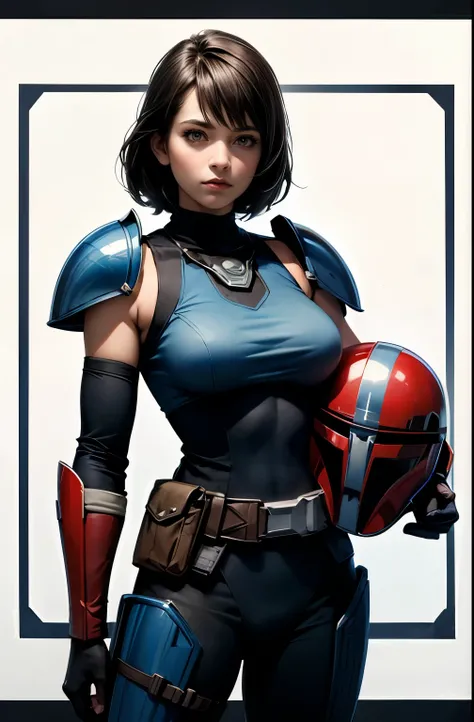 star wars world ,female mandalorian , ,holding helmet in right hand,I can see faces ,Vesker Armor ,Slimming, slender, ,