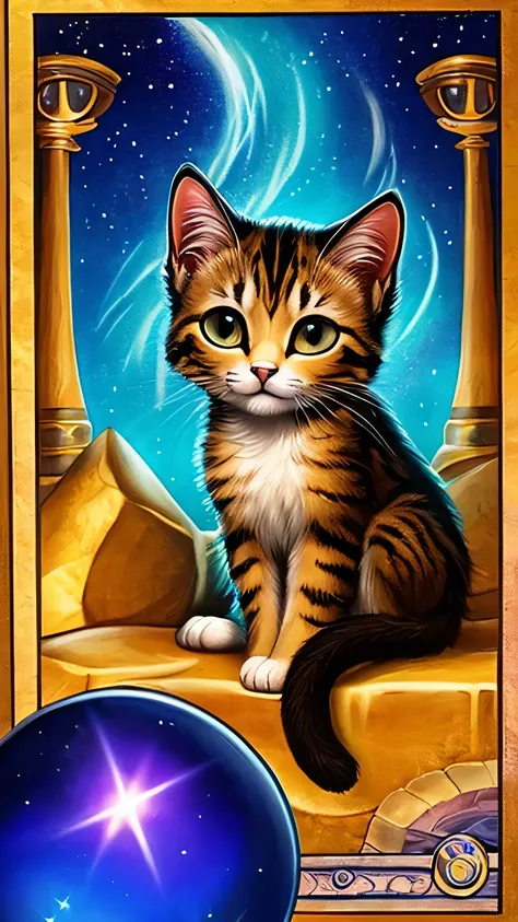 A realistic, high-resolution photograph-style image of a cute kitten curled up and sleeping on mystical tarot cards under the radiant glow of the full moon. The kitten is surrounded by a magical aura and celestial symbols, creating an enchanting atmosphere...
