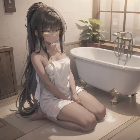 A beautiful woman in a A narrow, compact Japanese bathroom, with tiled walls, a small bathtub, and a wooden stool beside it. Steam fills the room., sitting in seiza style , politely waiting to greet someone.The character is wrapped in a towel around the bo...