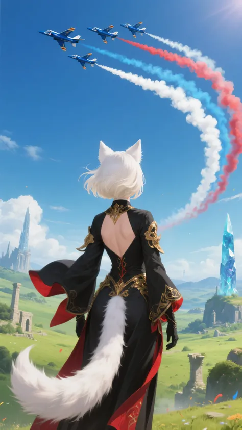 A powerful and emotional scene set at the end of an epic fantasy journey. A voluptuous, goddess-like Miqo'te woman stands with her back to the viewer, gazing skyward in quiet awe. Her thick, shoulder-length white-blonde hair is styled in a voluminous short...