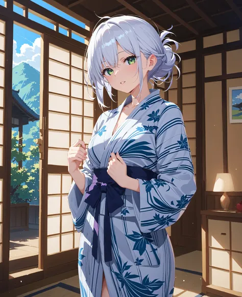 score_9, score_8_up, score_7_up, score_6_up, score_5_up, score_4_up, source_anime, (anime)、in an inn room、perfect face、Highly Detailed Faces、Highly Detailed Faces、beautiful girl、16k,  sketch、clear skin、1 woman、white hair、medium hair、green eyes、((( yukata a...