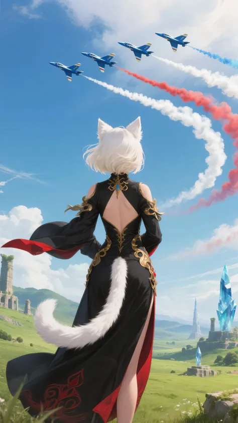 A powerful and emotional scene set at the end of an epic fantasy journey. A voluptuous, goddess-like Miqo'te woman stands with her back to the viewer, gazing skyward in quiet awe. Her thick, shoulder-length white-blonde hair is styled in a voluminous short...