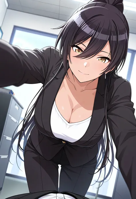 (masterpiece),(best quality),(ultra-detailed),(best illustration),(best shadow),(absurdres),(detailed background),(very aesthetic),Shirase Sakuya, anime screencap, very long hair, black hair, high ponytail, bangs, hair between eyes, yellow eyes, large brea...