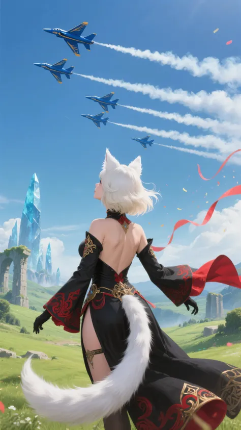 A breathtaking scene at the end of an epic fantasy journey. A voluptuous, goddess-like Miqo'te woman is seen from a three-quarter rear angle—her back and part of her face visible as she gazes skyward in awe. She has thick, shoulder-length white-blonde hair...