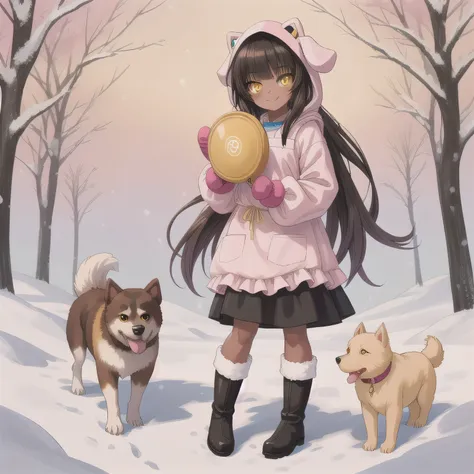 Cute anime style woman around 30 years old with  Dark Hair, Black Skin, Brown Skin Female, Long Hair, (Yellow Eyes:1.5)., wearing a pink dog-themed kigurumi with floppy ears and paw mittens. She has a simple white apron over her outfit. She is smiling gent...