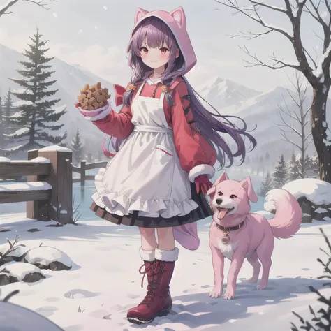 Cute anime style woman around 30 years old with purple Hair, Long Hair, (red Eyes:1.5), wearing a pink dog-themed kigurumi with floppy ears and paw mittens. She has a simple white apron over her outfit. She is smiling gently and standing in a snowy landsca...