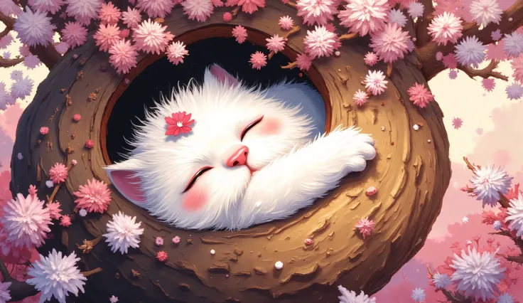 whimsical art style, dreamlike digital illustration, light fantasy, There is a illuminated white cat that is sleeping in a tree, in a tree, spring, beautiful cat, sleeping cat, peaceful expression, sitting in a tree, peaceful and serene, cats and plants, ...