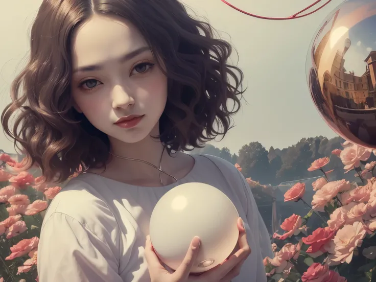 383 (20 year old woman),(short hair),(gentle smile),(high quality photos),( cinematic pictures playing on the lawn ),(colorful),(Crystal Ball),((contrast between light and shade)) ,(Da Vinci )