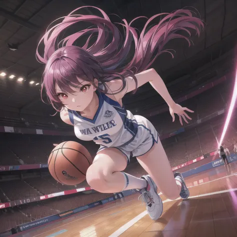 A young female basketball player makes a dynamic jump shot with elegance and control. She holds the ball firmly in both hands, her form showing strong confidence and skill. Her athletic uniform fits her form well, paired with high socks and sneakers in mat...