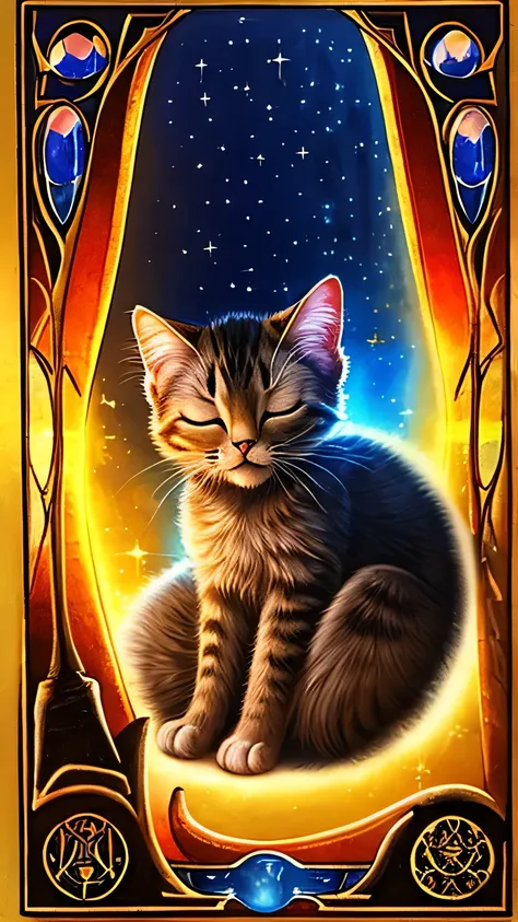 A realistic, high-resolution photograph-style image of a cute kitten curled up and sleeping on mystical tarot cards under the radiant glow of the full moon. The kitten is surrounded by a magical aura and celestial symbols, creating an enchanting atmosphere...