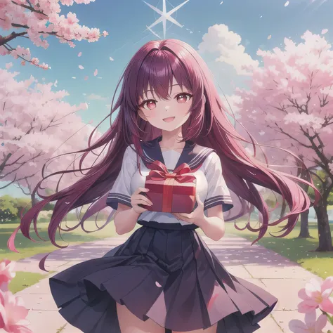 A breathtakingly beautiful 20-year-old woman stands in a lush park filled with cherry blossoms in full bloom beneath a clear blue sky. She wears a classic sailor uniform and gently holds a small, neatly wrapped gift box adorned with a red ribbon. Her radia...