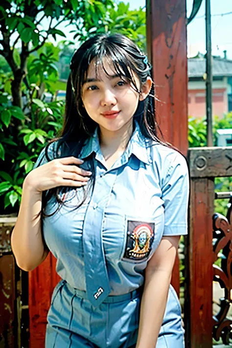 A young Indonesian female student is posing outdoors with a confident smile. She has long, straight black hair parted slightly to the side, and is wearing a traditional Indonesian high school uniform consisting of a light grey short-sleeved shirt, a dark ...