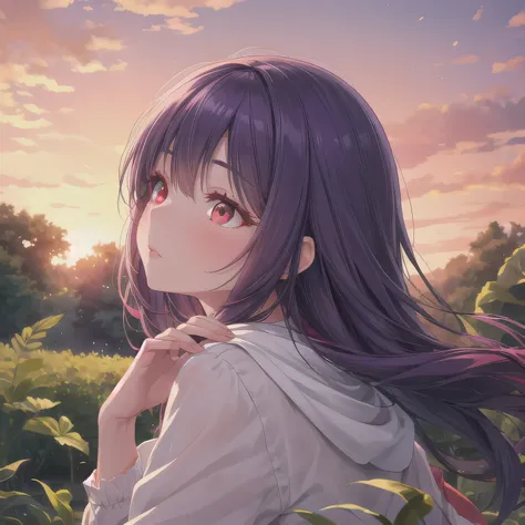 A breathtakingly beautiful 20-year-old woman stands in a lush green park at sunset, bathed in the warm golden light of the evening sun. Facing forward, her eyes gently closed, cheeks slightly flushed, and her face tilted upward as if anticipating a kiss, s...