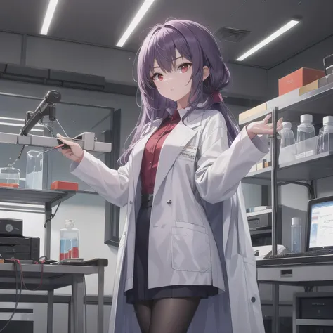 Depict a 20-year-old, stunningly beautiful woman conducting an experiment in a well-equipped science lab. She wears a pristine white lab coat over professional attire, her expression focused as she carefully handles scientific instruments. Whether her hair...