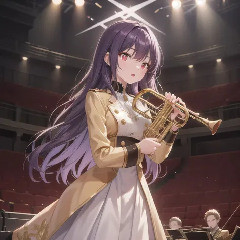 Depict a 20-year-old, dazzlingly beautiful woman playing a brass instrument in a grand concert hall. She wears an elegant yet practical band uniform, designed with intricate gold embroidery. Her posture is poised, fingers positioned with precision, her eye...