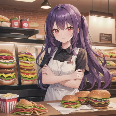 She is a cheerful girl working behind the counter at a cozy burger shop. She is wearing a cute burger shop uniform and smiling warmly at the customers. The background shows a bright and clean fast food counter with menu boards. purple Hair, Long Hair, (red...