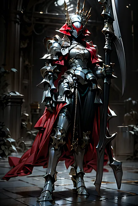 anime character standing in front of dark castle, dark sky, red aura, gothic armor, full armor, demon, the style of wlop, black queen armor with red trim, red cape, black dress, red skirt armor, large breast, demon queen mask, queen armor, spiky shoulder a...