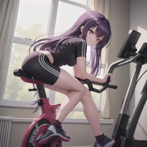 A fitness gym, a person training on a stationary bike, side view, bright morning sunlight through large windows. purple Hair, Long Hair, (red Eyes:1.5). 
