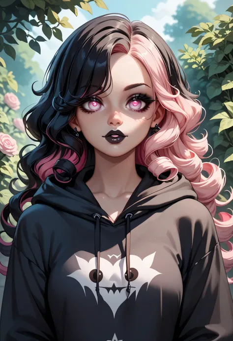1 woman (multicolored hair: white + light pink + black), long hair, (curly hair), (Pink Eyes), [Glowing Eyes], [Dreamy Big Eyes], (wearing) (hoodie covering the body) & (pants), (gothic eyes), (gothic black lipstick), (upper body), in garden