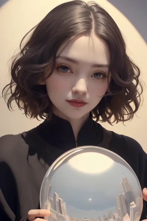 383 (20 year old woman),(short hair),(gentle smile),(high quality photos),( cinematic pictures playing on the lawn ),(colorful),(Crystal Ball),((contrast between light and shade)) ,(Da Vinci )