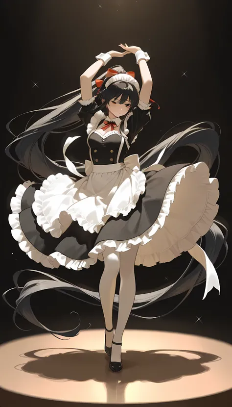 Beautiful maid girl, black hair, dancing, ribbon, absurdly long ponytail