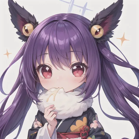 A Japanese anime-style chibi girl, 3-head-tall, super round body and head, deformed proportion, big sparkling eyes, small nose and mouth, cute and soft illustration, simplified color palette, masterpiece, her mouth is empty, nothing in her mouth, no object...