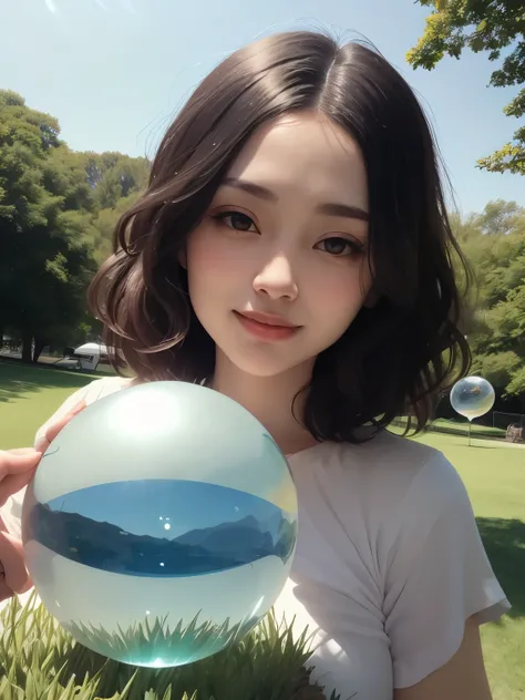 383 (20 year old woman),(short hair),(gentle smile),(high quality photos),( cinematic pictures playing on the lawn ),(colorful),(Crystal Ball),((contrast between light and shade)) ,(Da Vinci )