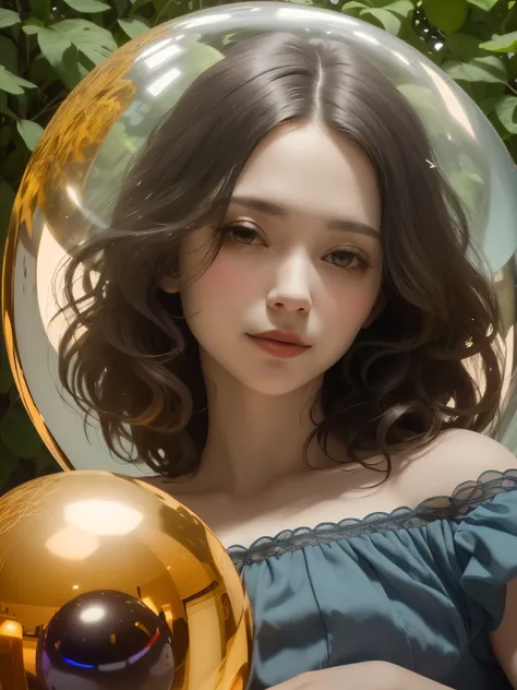 383 (20 year old woman),(short hair),(gentle smile),(high quality photos),( cinematic pictures playing on the lawn ),(colorful),(Crystal Ball),((contrast between light and shade)) ,(Da Vinci )
