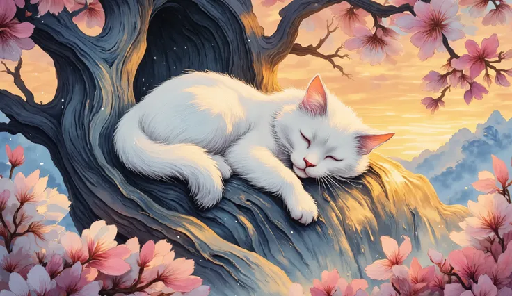 whimsical art style, dreamlike digital illustration, light fantasy, There is a illuminated  white cat that is sleeping in a tree, in a tree, spring, beautiful cat, sleeping cat, peaceful expression, sitting in a tree, peaceful and serene, cats and plants, ...
