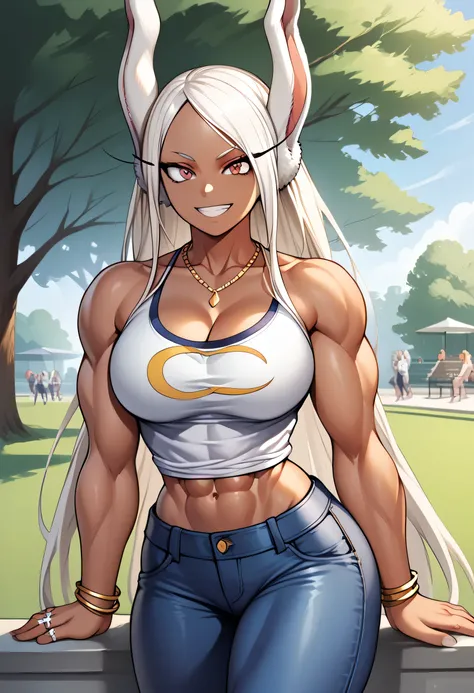 1girl, dark skin, muscular female , rabbit ears, dark-skinned female, breasts, animal ears, mirko, abs, long hair, solo, muscular, rabbit girl, navel, bare shoulders, toned, white hair, large breasts, smile, collarbone, Jewelry, cleavage, bracelet, ring, n...